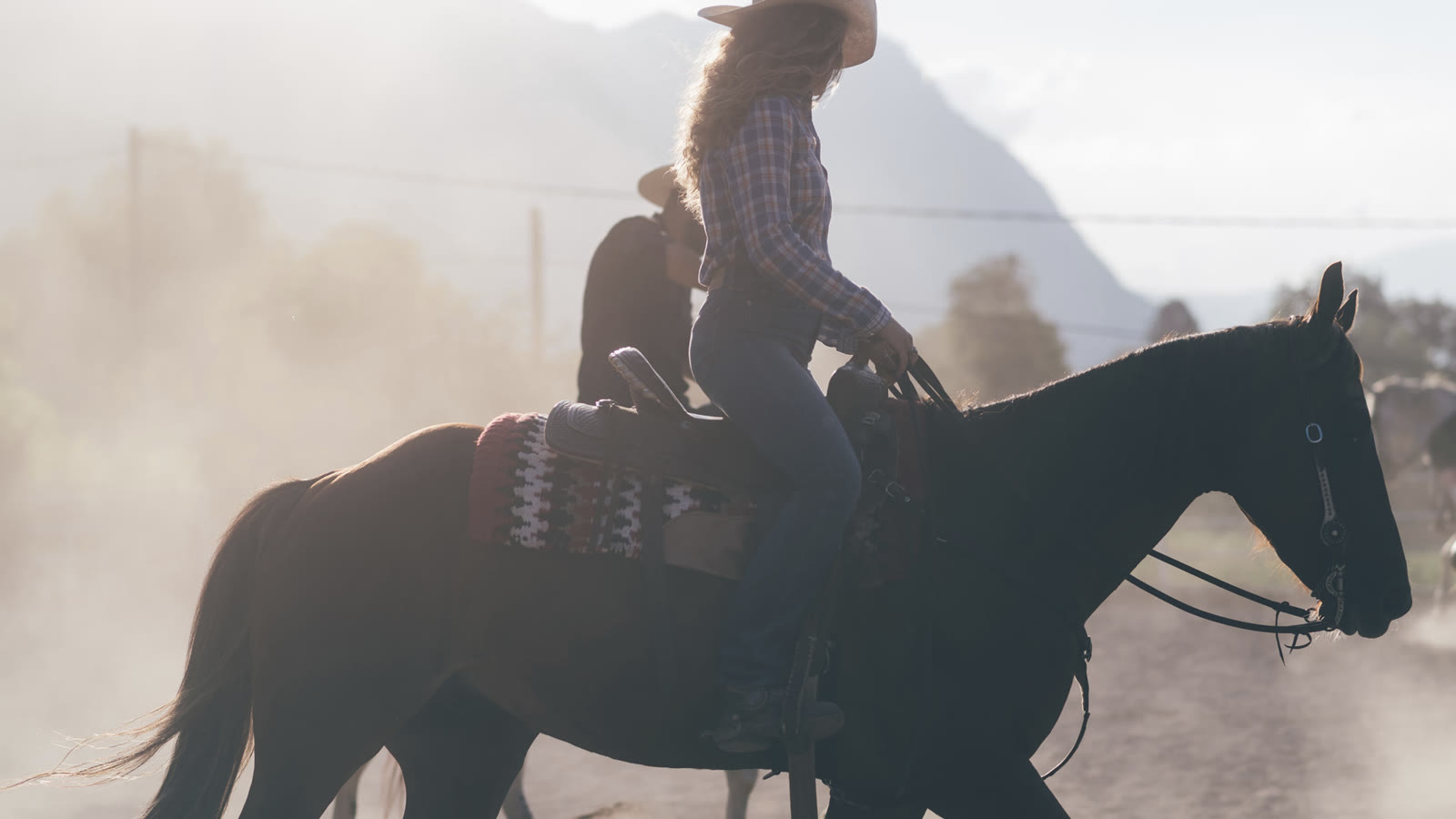 A rider with her horse at golden hour